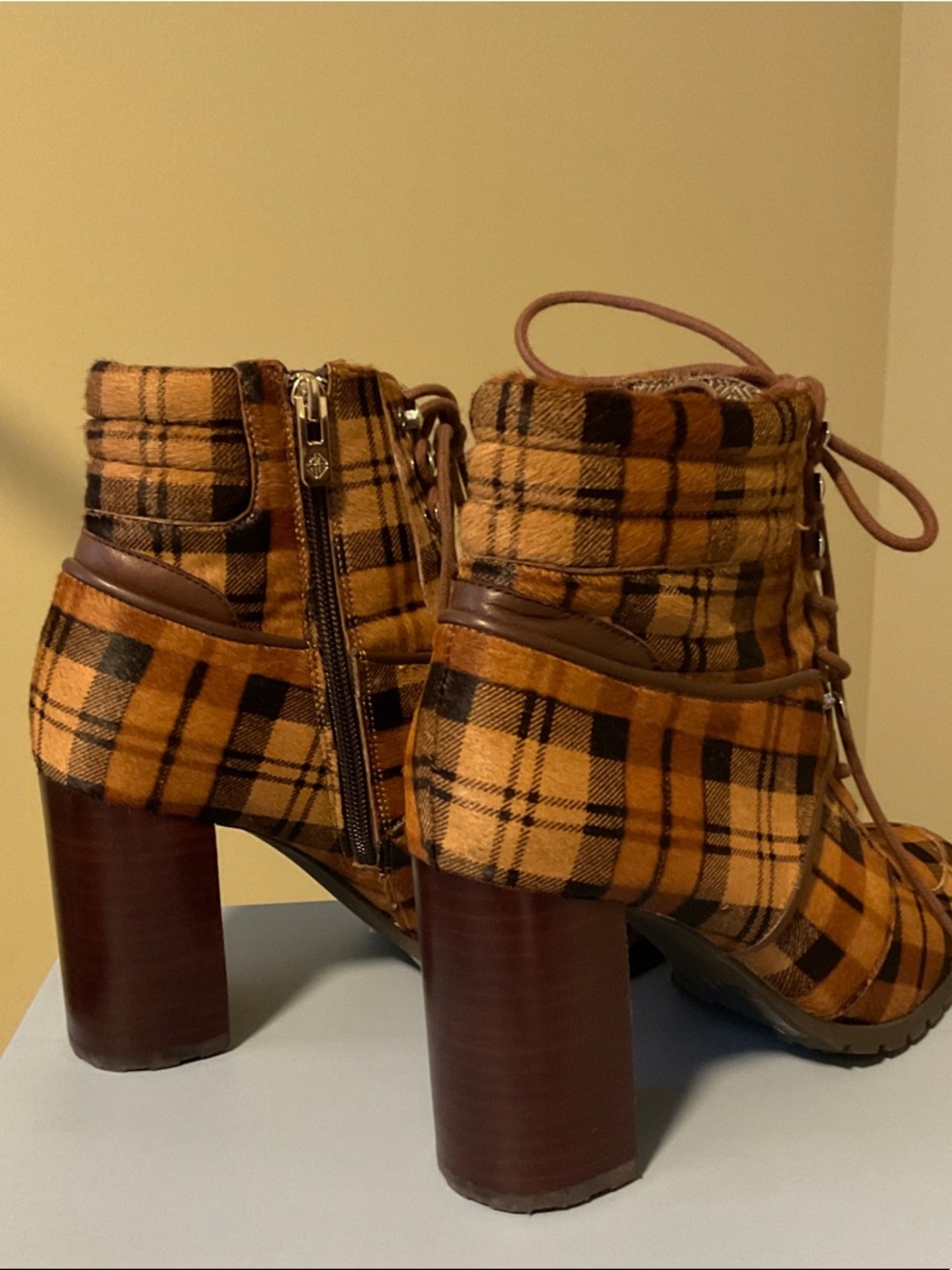 ANTONIO MELANI Tan and Black Plaid Lace-Up Block Heel Ankle Boots - Picture 5 of 5